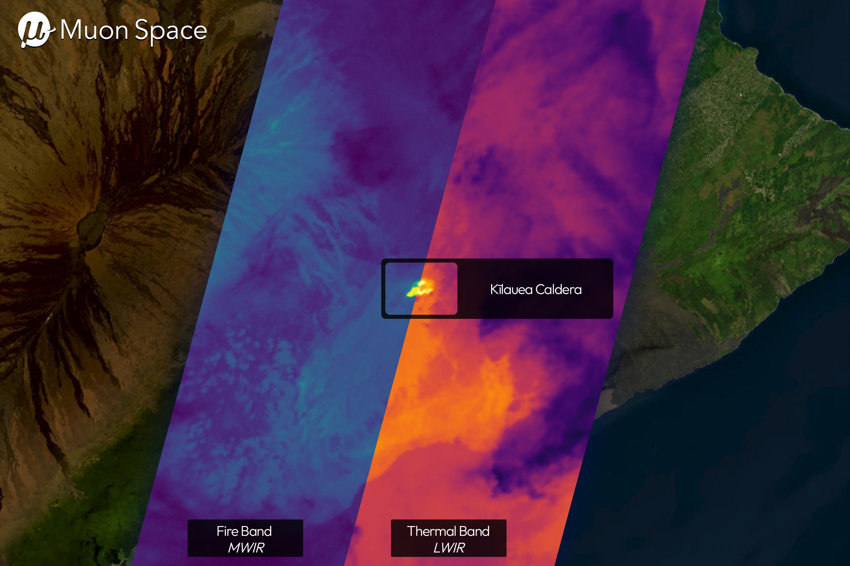 A series of purple and blue and orange shapes overlaid on a satellite image of an island
