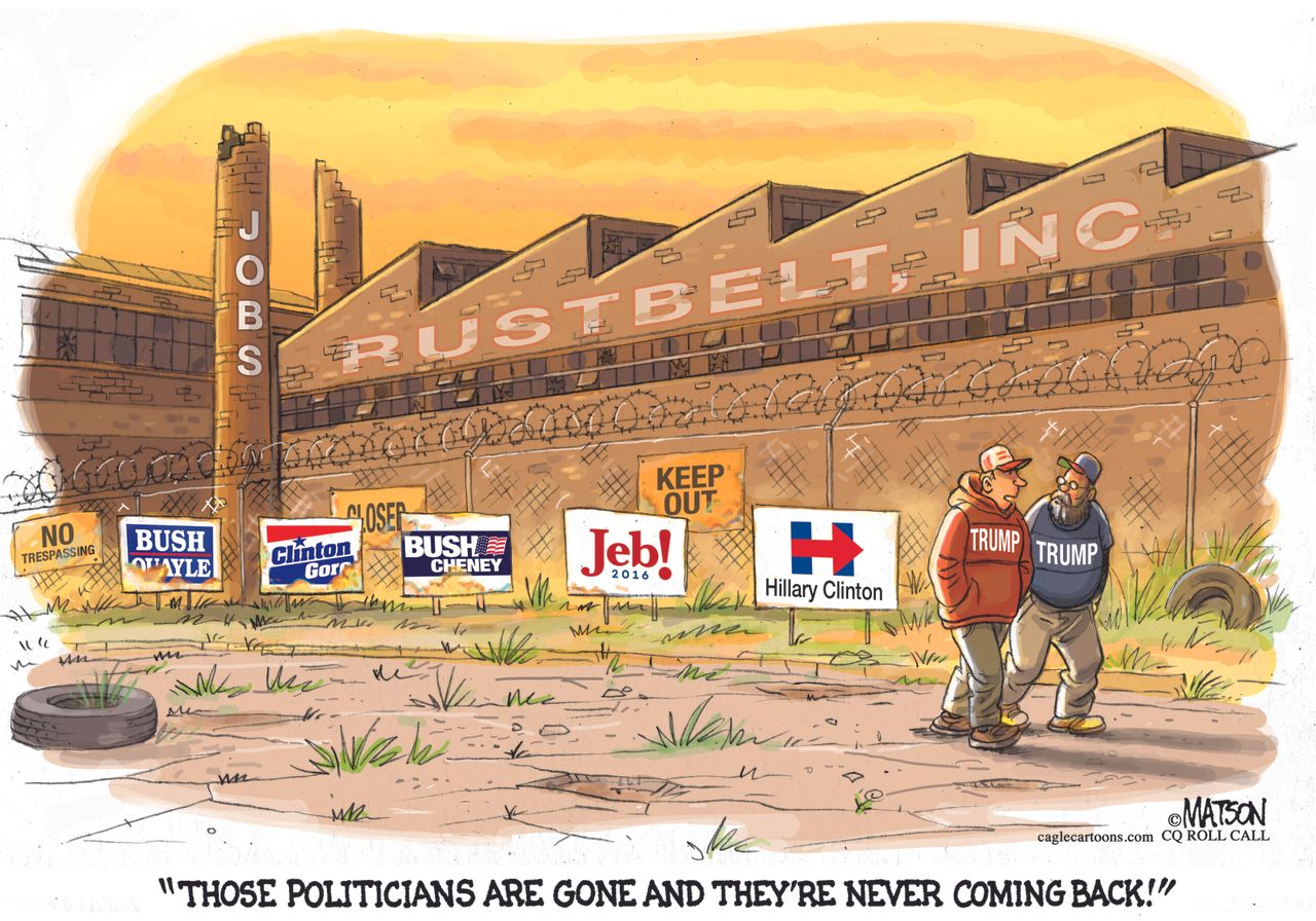 Political cartoon U.S. 2016 presidential candidates Rustbelt jobs