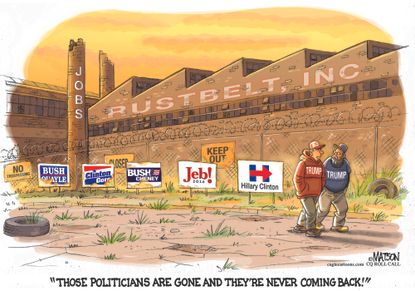 Political cartoon U.S. 2016 presidential candidates Rustbelt jobs