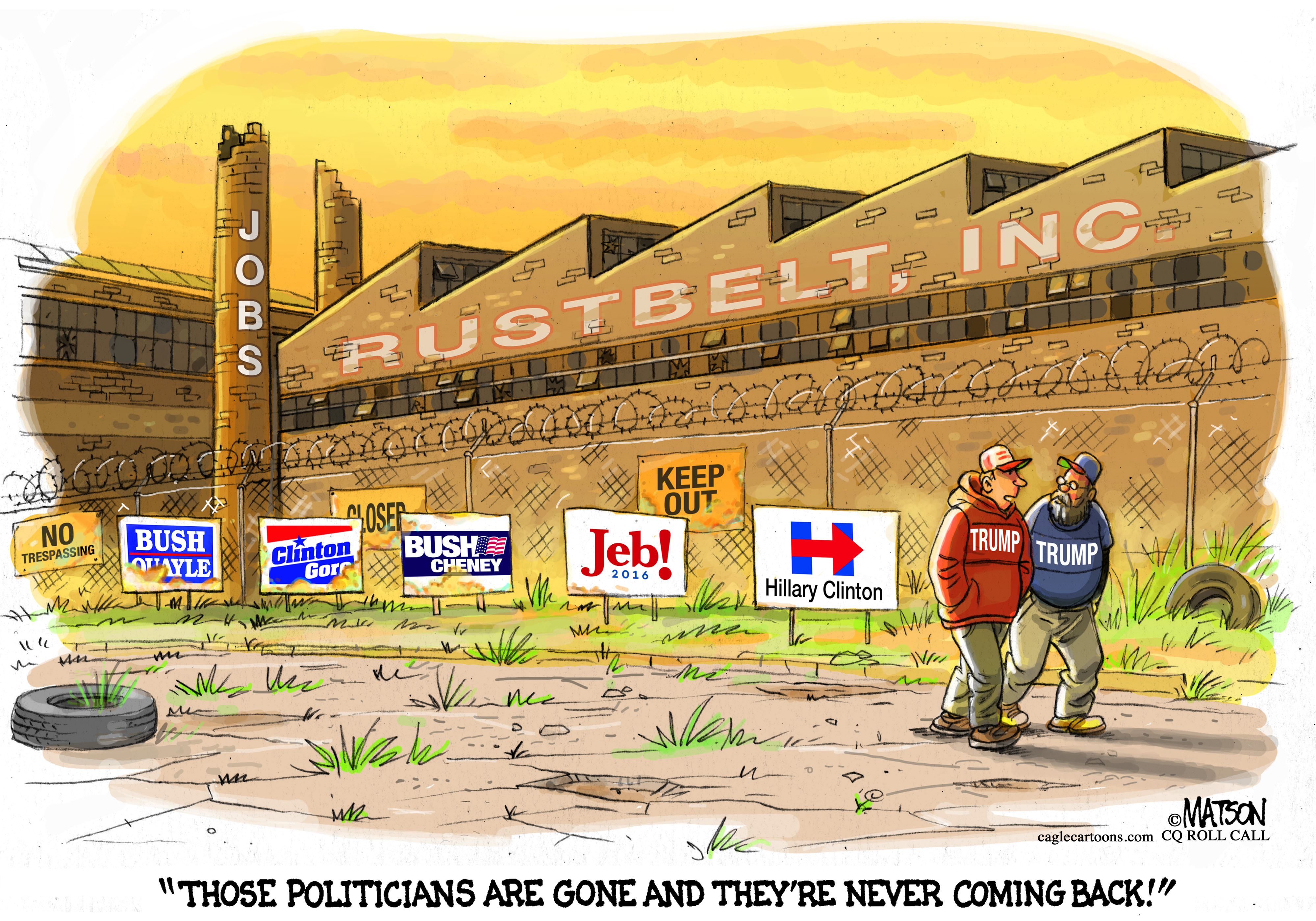 Political cartoon U.S. 2016 presidential candidates Rustbelt jobs