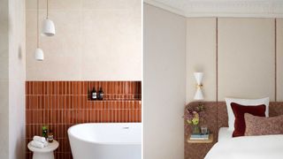 Collage of a Parisian apartment showing a bathroom and bedroom in neutral colours with burnt orange accents