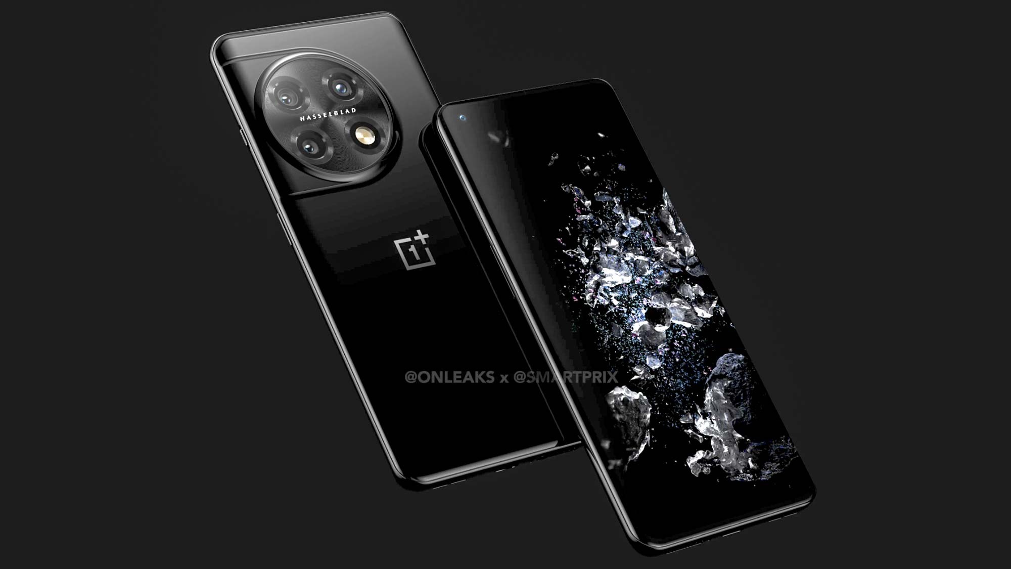 A supposed rendering of the OnePlus 11 Pro in black on a dark gray background