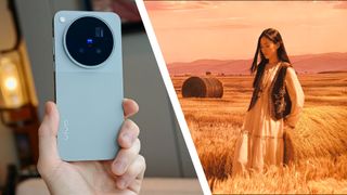 Vivo X500 Pro Max phone in user's hand, alongside a photo of a female model in a field of hay at golden hour