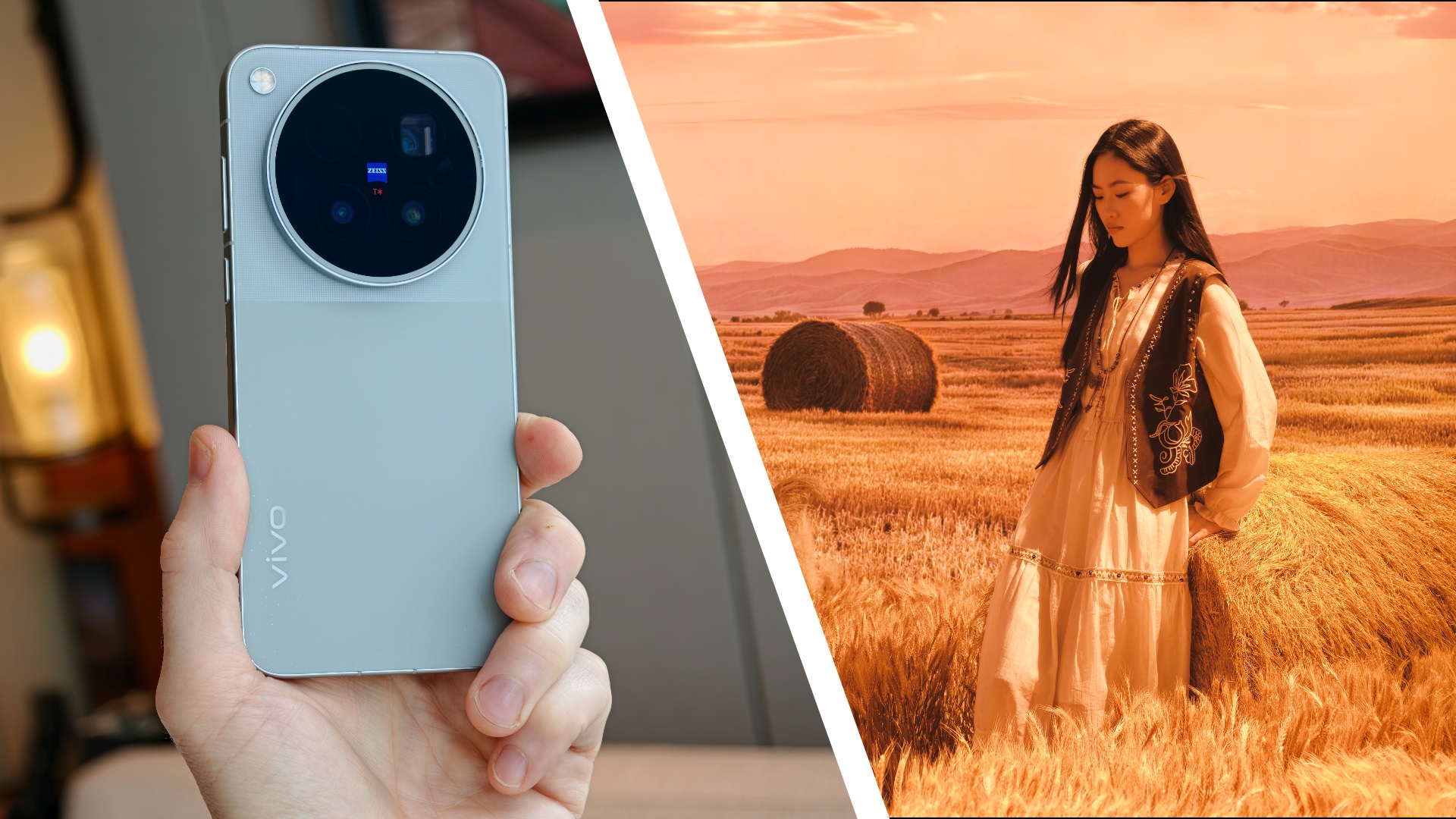 Vivo X500 Pro Max phone in user's hand, alongside a photo of a female model in a field of hay at golden hour