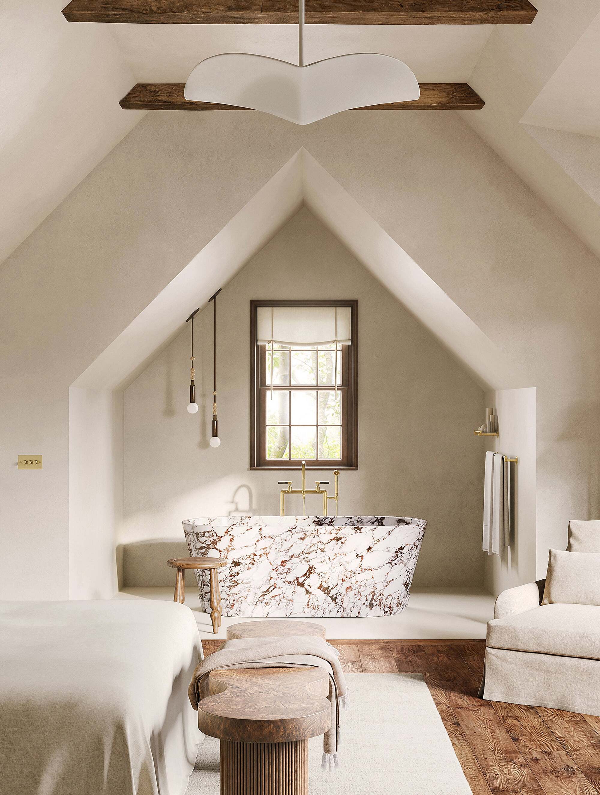 bedroom with alcove with marble bath beneath, timber floors, cream bedding with a bench at the foot of the bed, cream armchair, and plaster walls