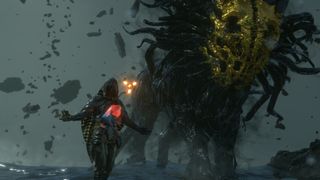 Promotional screenshot of the antogonist and an enemy monster players will face in Death Stranding.