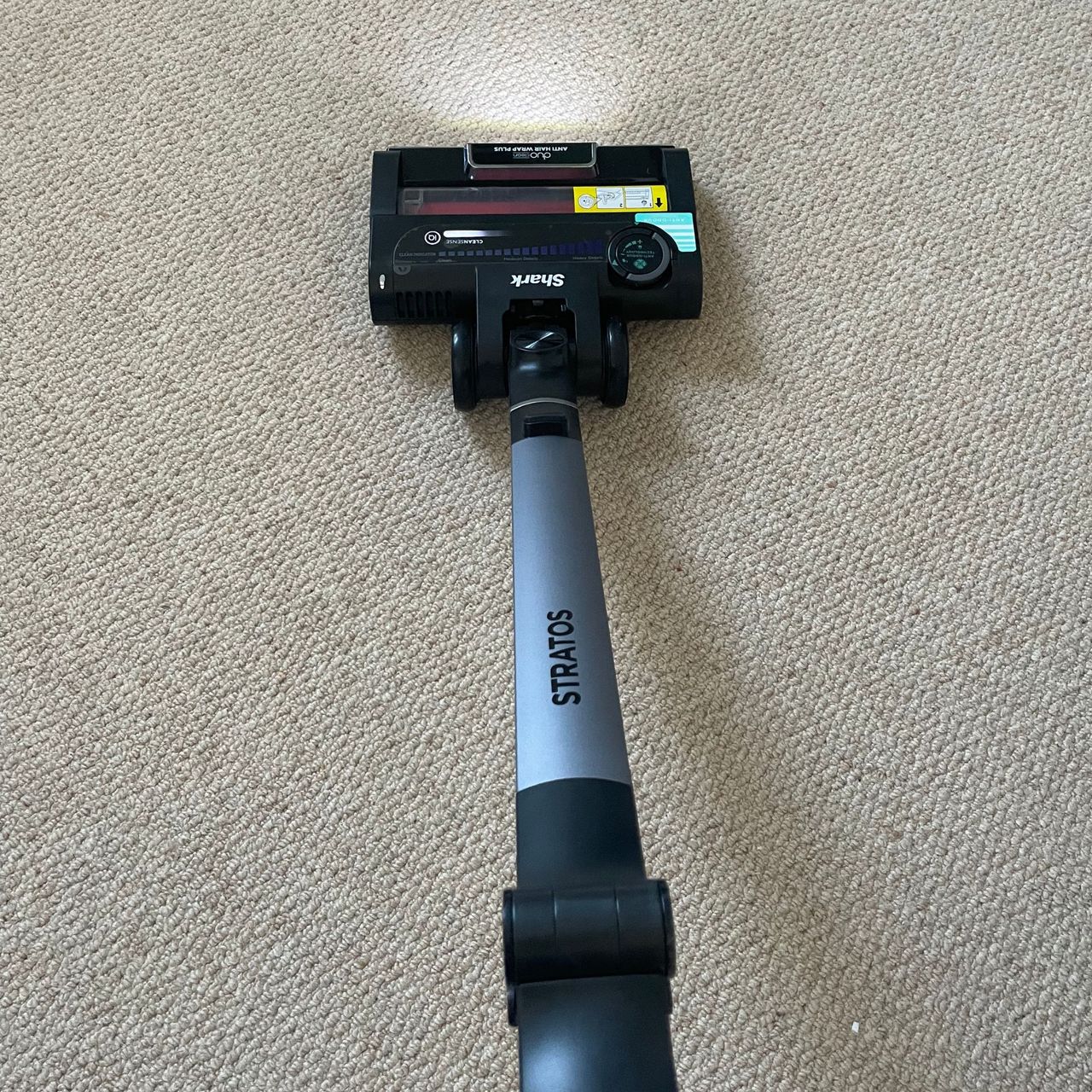 Shark Stratos Cordless Vacuum vacuuming beige loop pile wool carpets