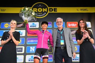 Coryn River and Brian Cookson on the Tour of Flanders podium