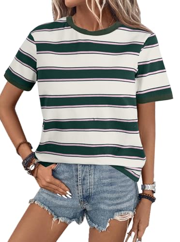 Sofia's Choice Women's Striped Shirts Crewneck Basic Short Sleeve Casual Summer Tee Tops Green White Large