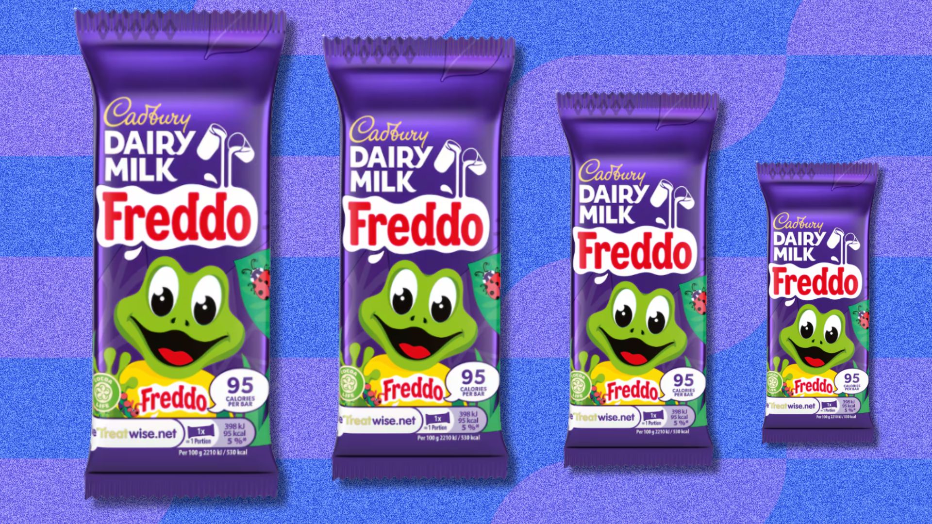 an image of three Freddo bars against a pruple patterned background
