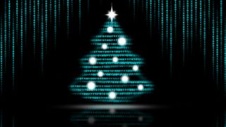 Christmas tree made up of teal blue binary code