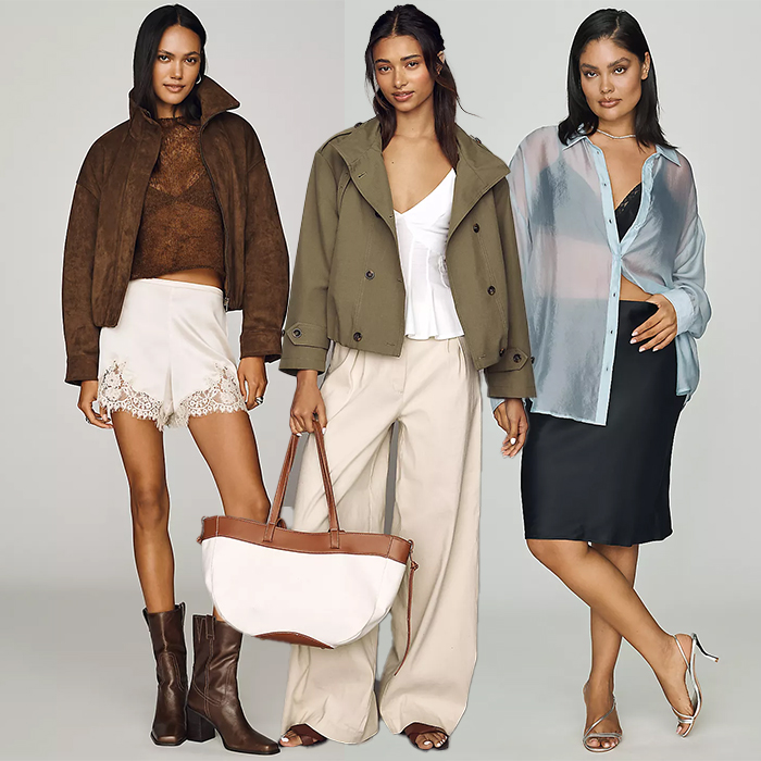 Three models wear Anthropologie clothing. One wears a suede jacket and white lace shorts. The middle model wears a cropped green trench and khaki pants. The last one wears a sheer blouse and skirt.