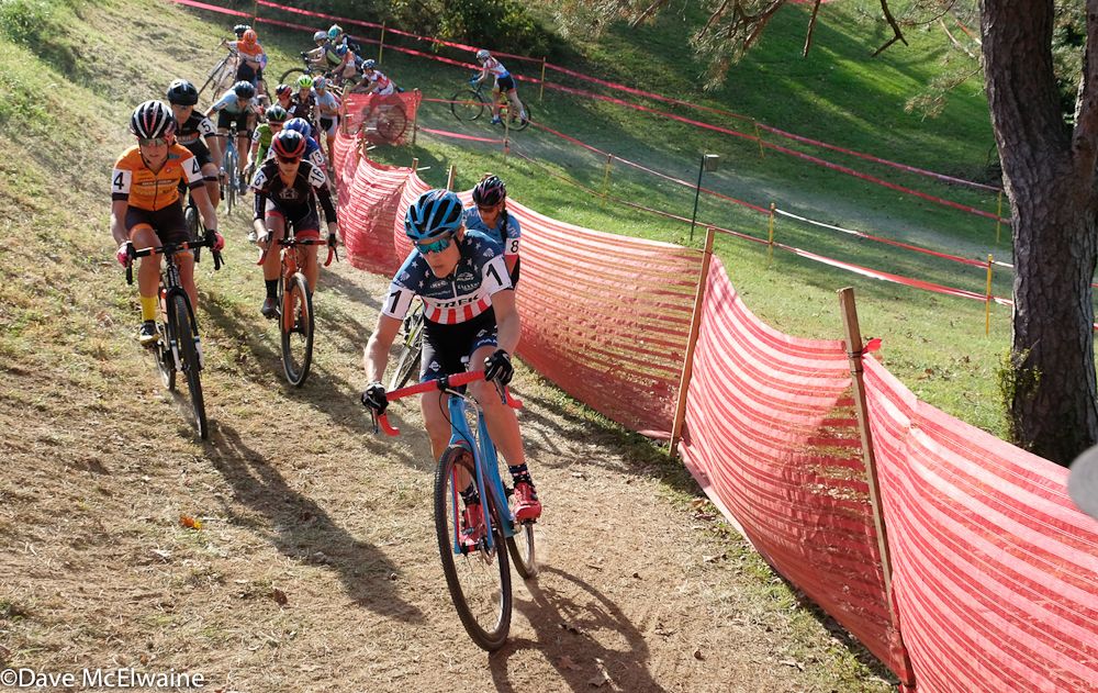 Katie Compton (Trek Panache) eyeing an uphill switchback