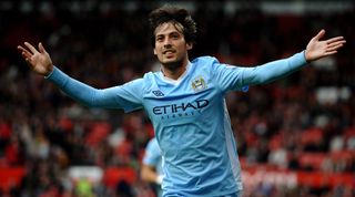 MANCHESTER, ENGLAND - OCTOBER 23: David Silva of Manchester City celebrates scoring his team's fifth goal during the Barclays Premier League match between Manchester United and Manchester City at Old Trafford on October 23, 2011 in Manchester, England. (Photo by Laurence Griffiths/Getty Images)