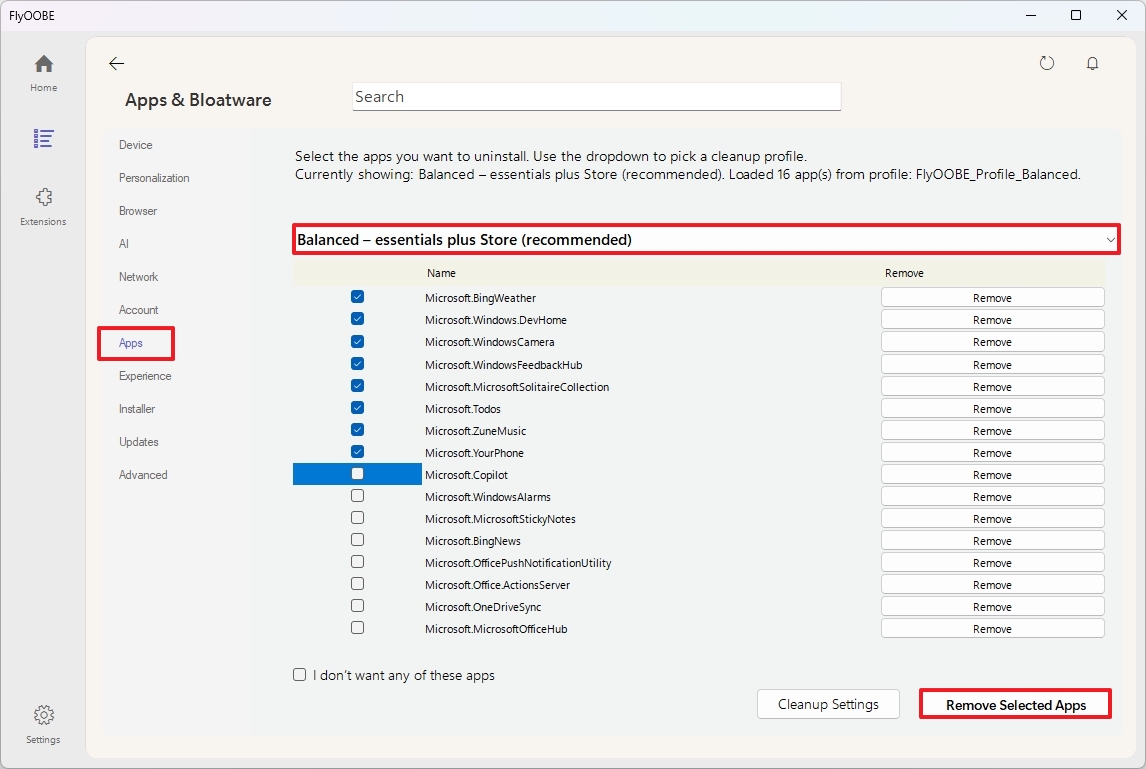 FlyOOBE uninstall apps