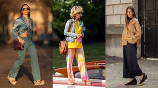 Street style influencers showing shoes to wear with wide-leg pants wedges