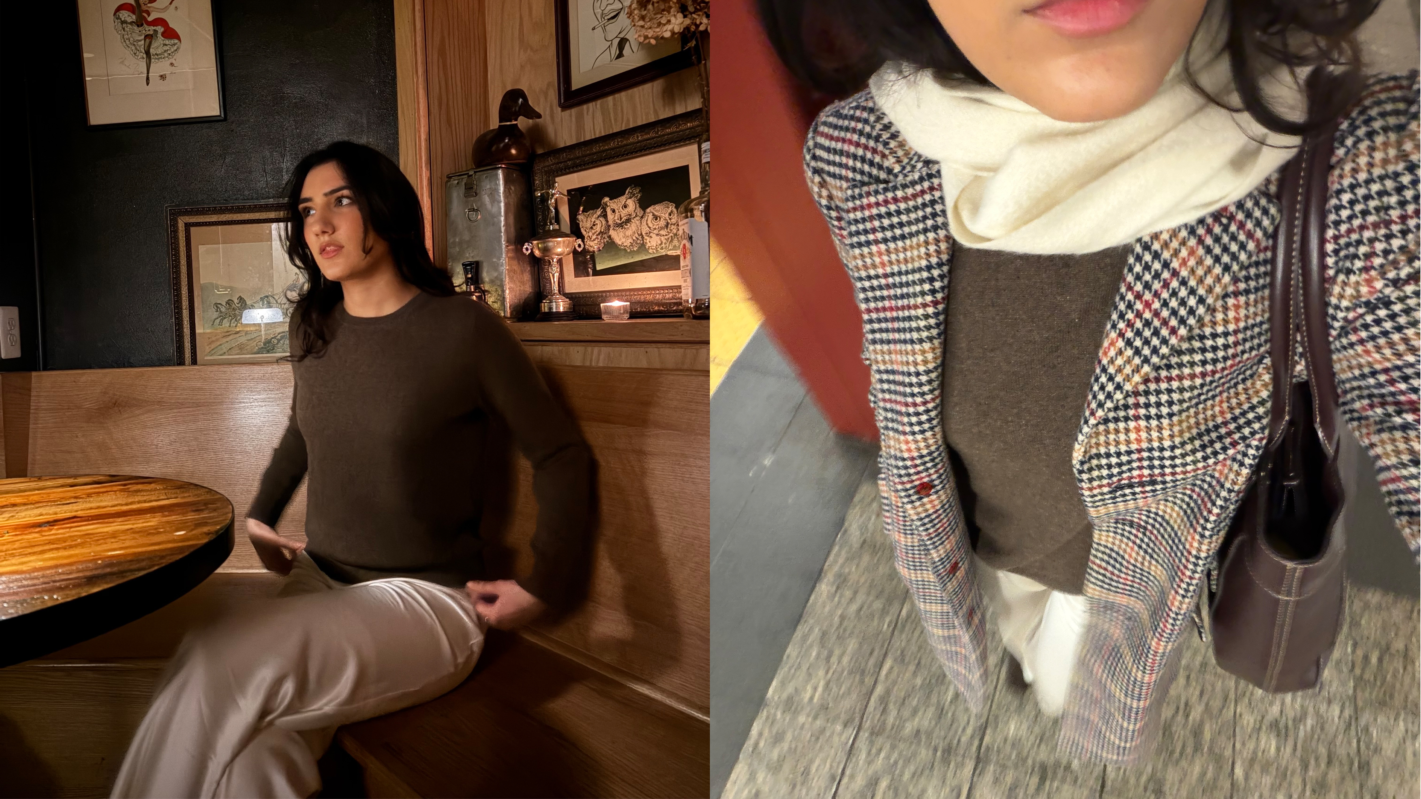 WWW assistant shopping editor wears the Quince Mongolian Cashmere crewneck in brown.