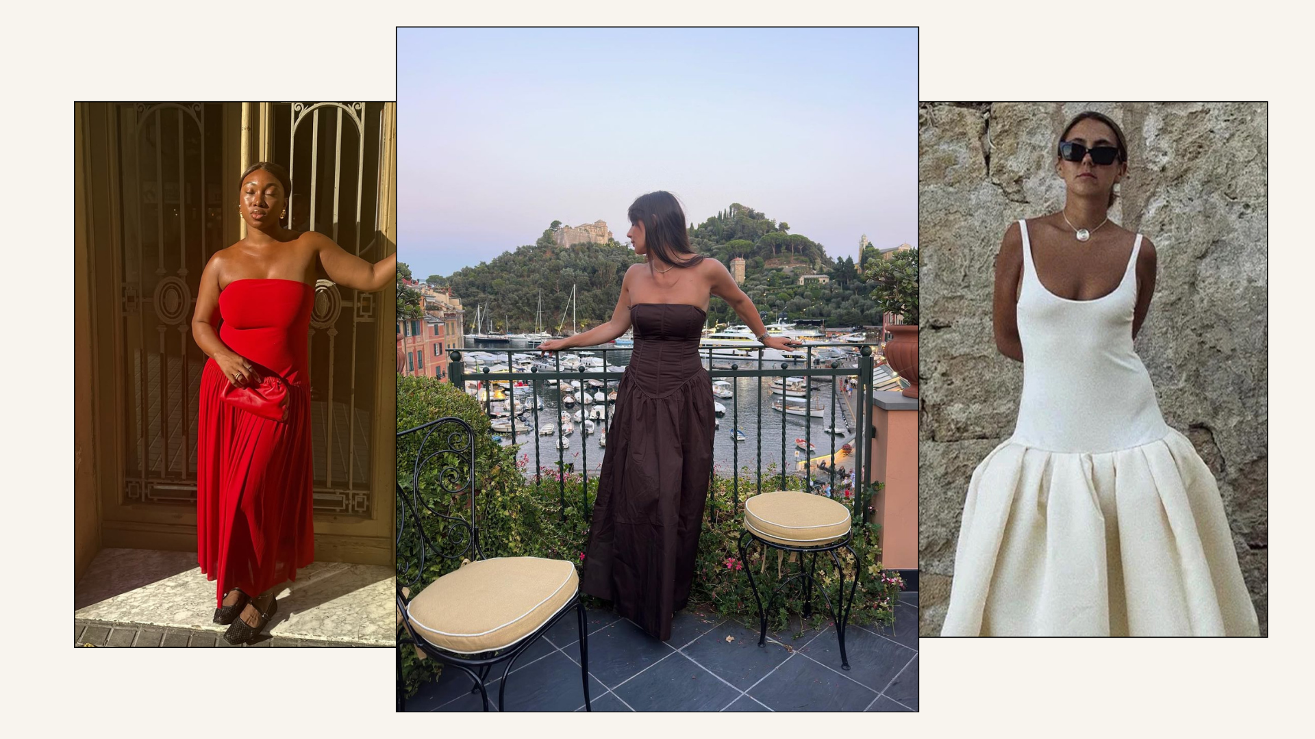 Three women wearing drop-waist dresses