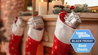 Picture of three Christmas stockings with wrapped gifts inside