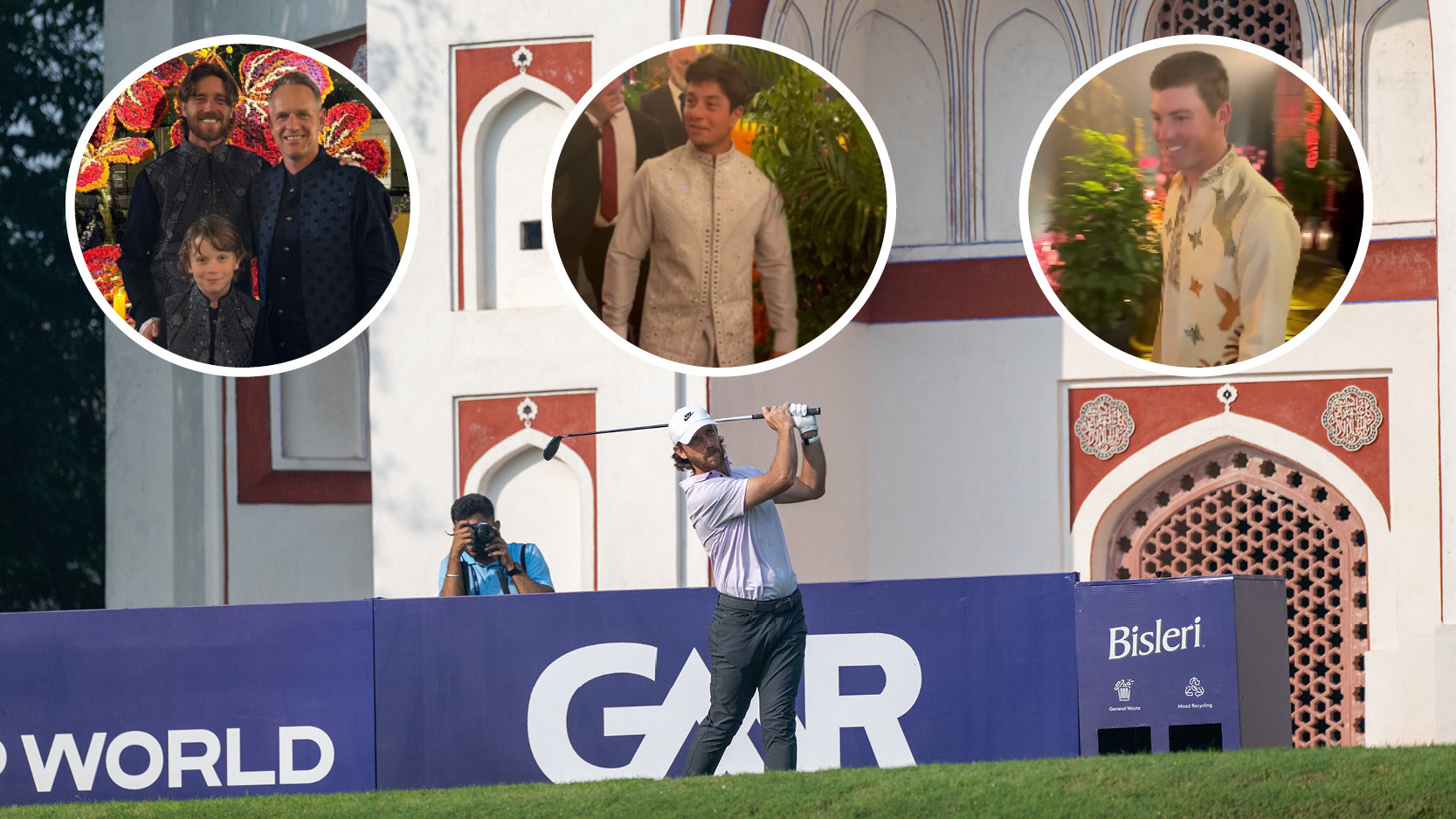Tommy Fleetwood taking a shot and insets of Fleetwood, Luke Donald, Viktor Hovland and Ben Griffin