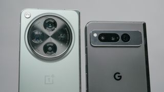 Closeup of cameras on OnePlus Open and Pixel Fold.