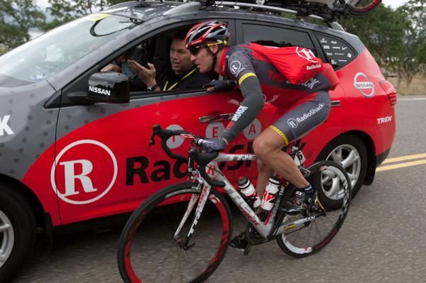 If you take a right up ahead: Team Radioshack director Johan Bruyneel talks to his Ukraine rider Yaroslav Popovych.