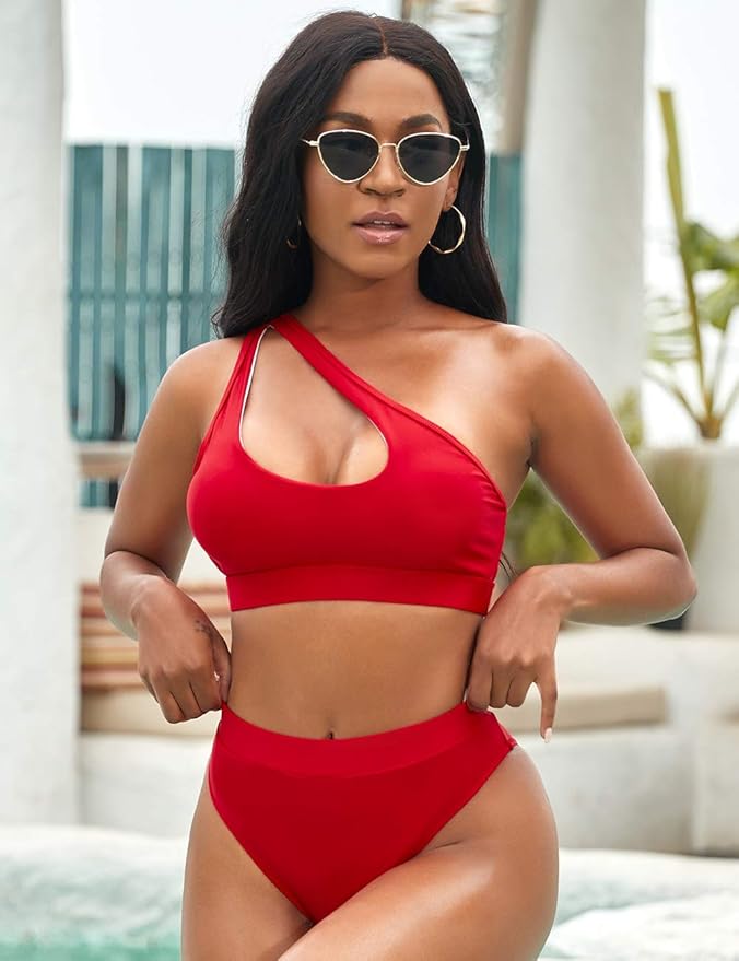 NAFLEAP, Nafleap One Shoulder Cutout Bikini Set for Women High Waisted Bottom Swimsuit Two Piece Bathing Suit, Claret Red, L