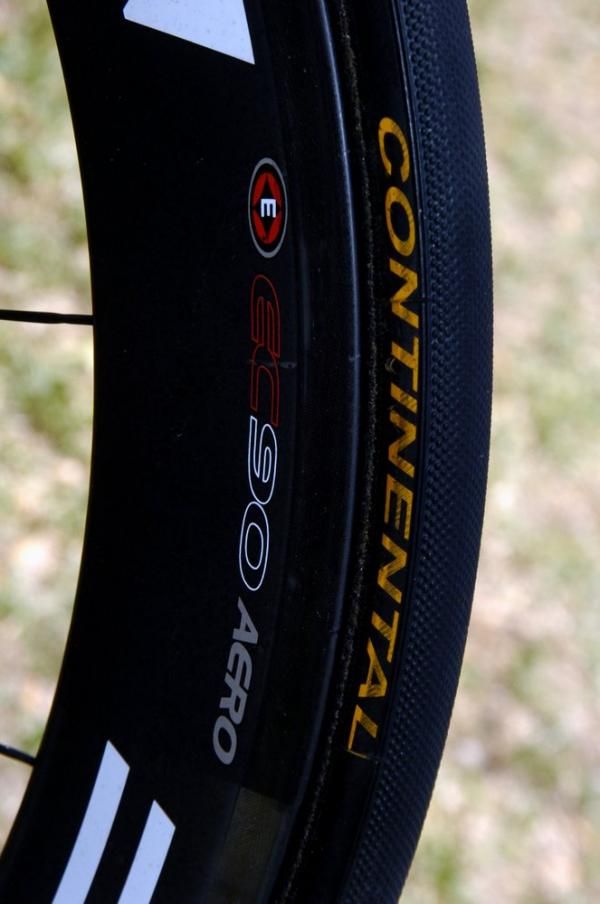 Hincapie's BMC uses Continental tubular tyres front and back on Easton EC90 Aero Carbon wheels.