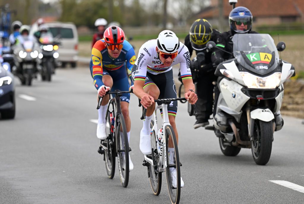 WEVELGEM BELGIUM MARCH 24 LR Mads Pedersen of Denmark and Team Lidl Trek and Mathieu van der Poel of The Netherlands and Team Alpecin Deceuninck compete in the breakaway during the 86th GentWevelgem in Flanders Fields 2024 Mens Elite a 2531km one day race from Ieper to Wevelgem UCIWT on March 24 2024 in Wevelgem Belgium Photo by Tim de WaeleGetty Images