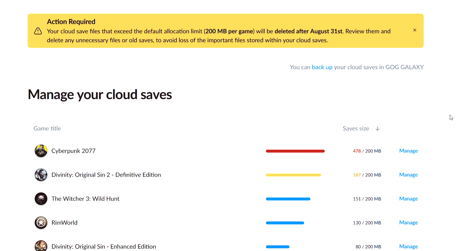 Animated GIF illustrating GOG's cloud save management page