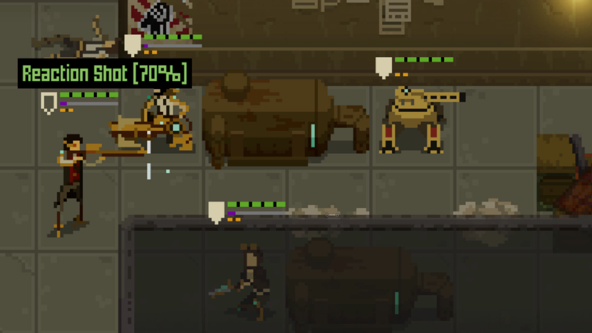 Image from videogame Shardpunk Verminfall. Pixelated heroes battle with humanoid rats.