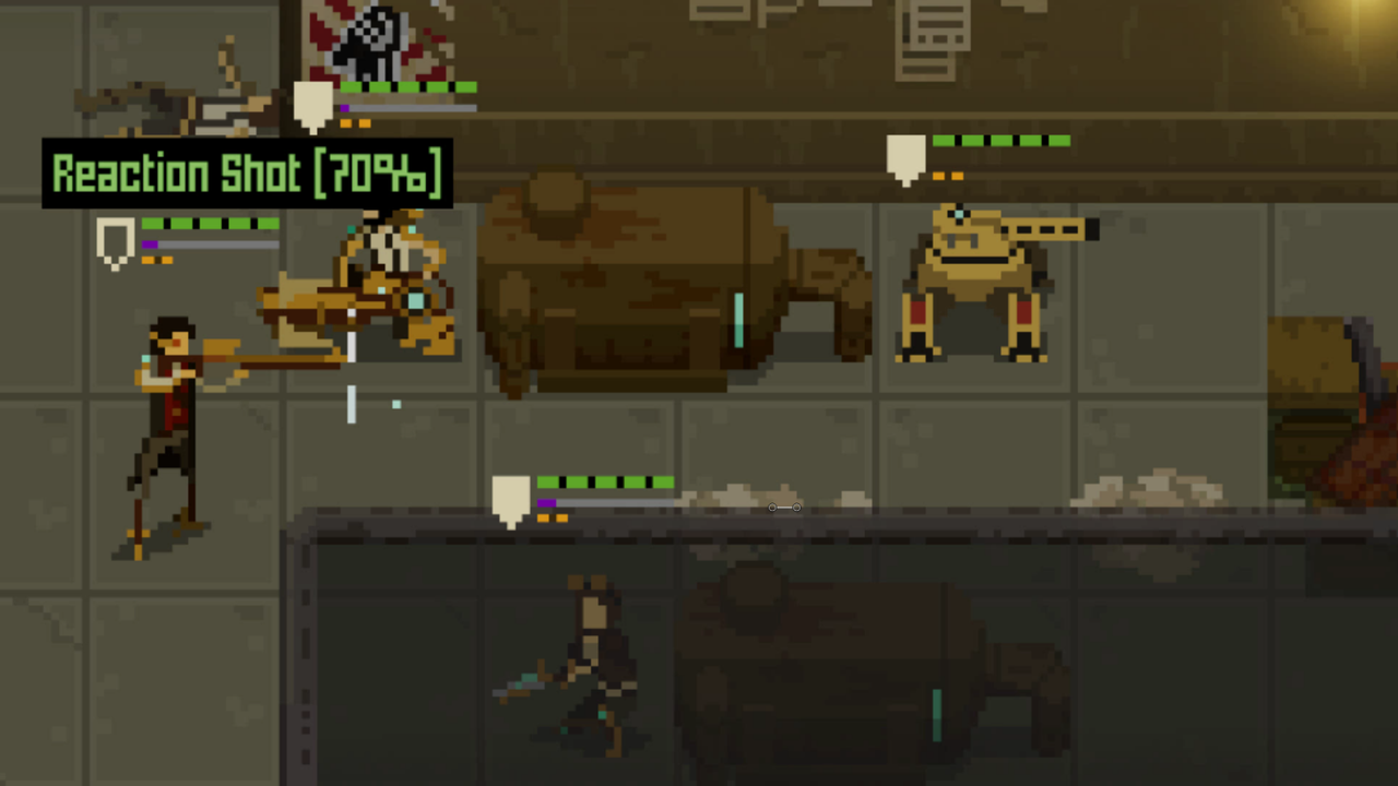 Image from videogame Shardpunk Verminfall. Pixelated heroes battle with humanoid rats.