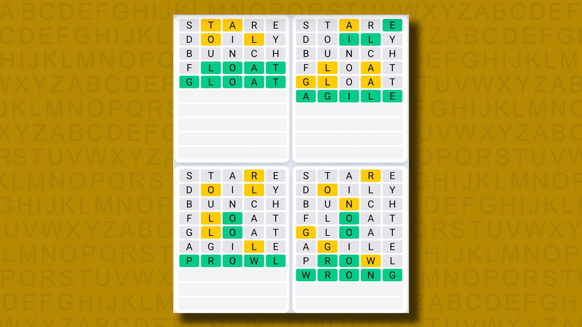 Quordle Daily Sequence Answers for Game 954 on a yellow background