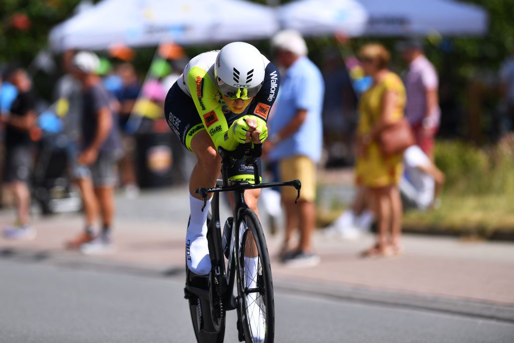 GAVERE BELGIUM JUNE 23 Aime De Gendt of Belgium sprints during the 123rd Belgian Road Championship 2022 Mens Individual Time Trial a 348km individual time trial one day race from Gavere to Gavere ITT BelgianCycling140 on June 23 2022 in Gavere Belgium Photo by Luc ClaessenGetty Images