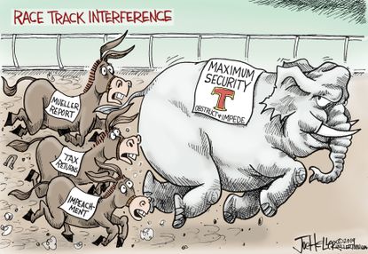 Political Cartoon U.S. Trump impeachment racetrack Mueller Report tax returns maximum security kentucky derby