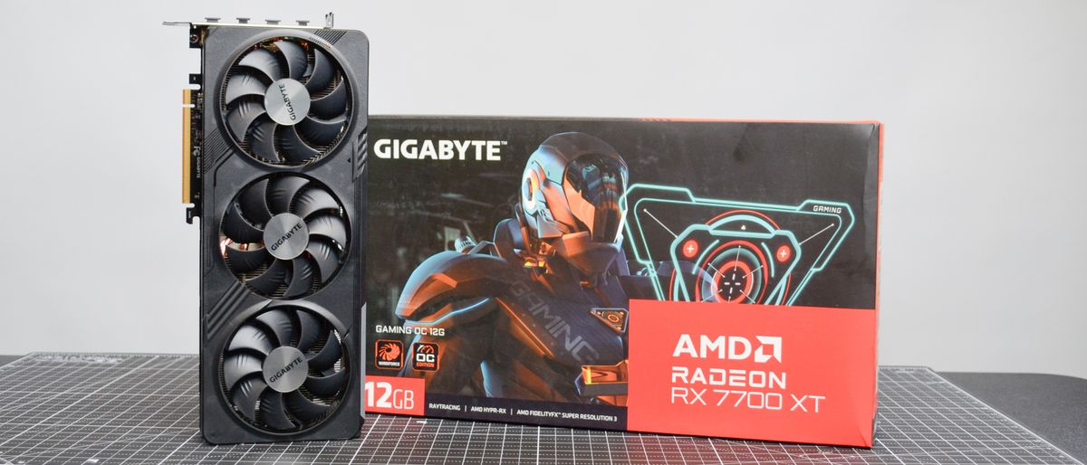 A Gigabyte Radeon RX 7700 XT Gaming OC on a desk