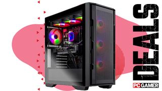 A Skytech Rampage gaming PC on a custom PC Gamer Deals background.