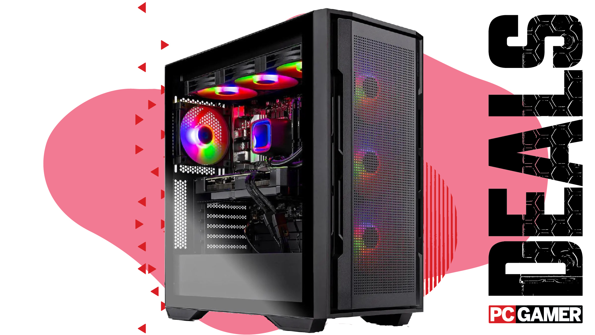 A Skytech Rampage gaming PC on a custom PC Gamer Deals background.