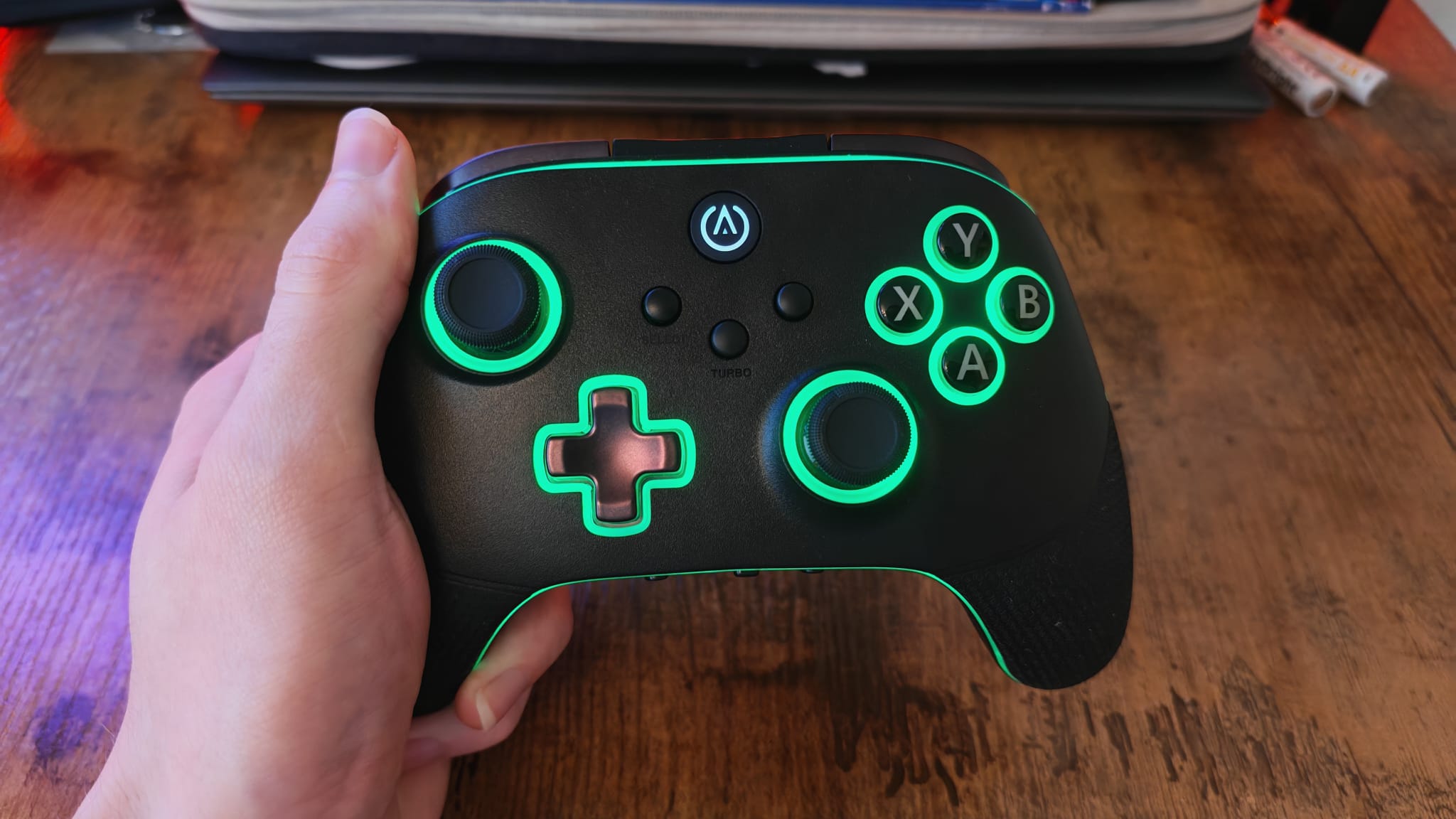 The RGB lighting on the PowerA OPS V3 set to green