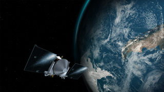 Artist's impression of NASA's OSIRIS-REx spacecraft passing by Earth. The probe will map and study the asteroid Bennu before bringing a sample home.