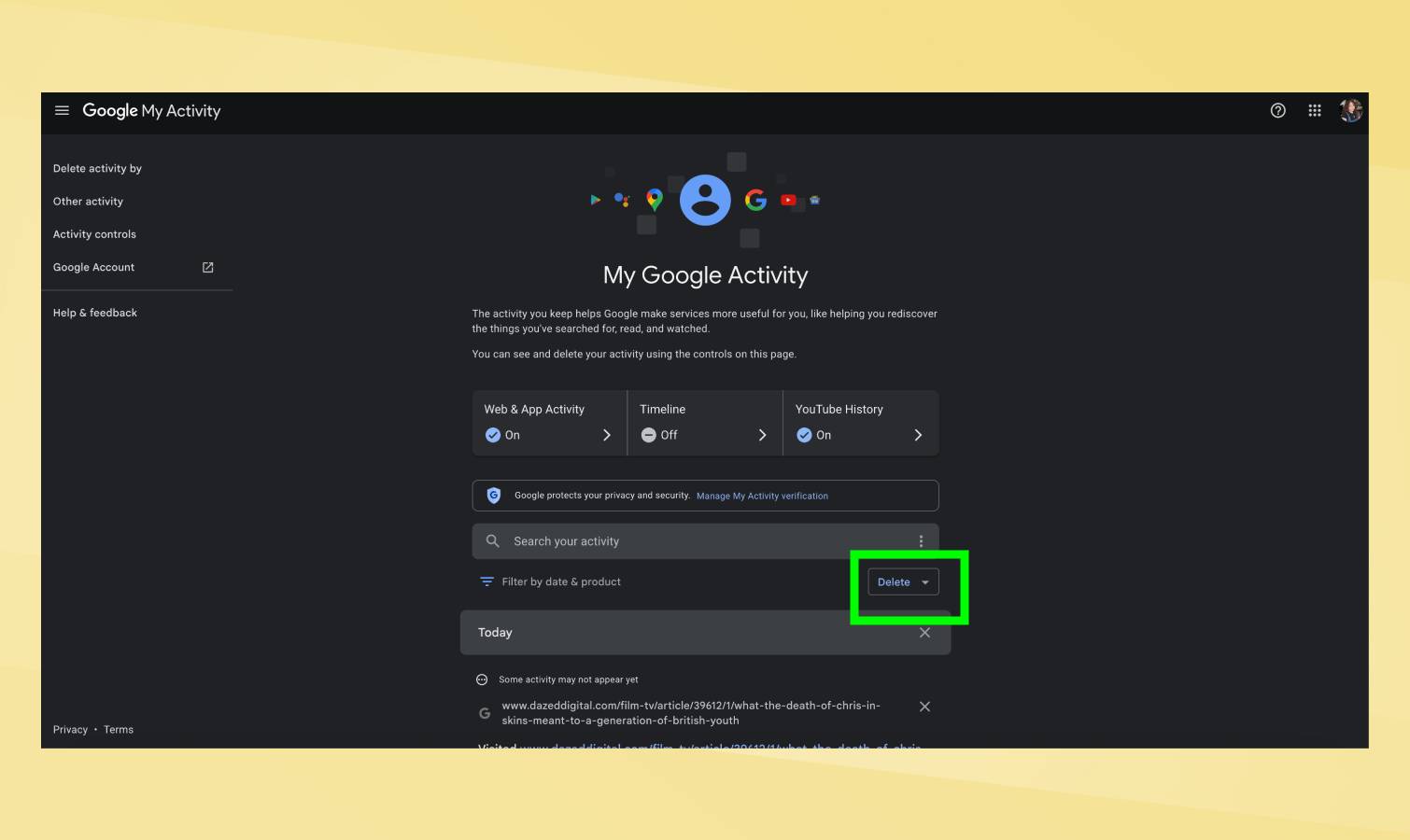 Delete highlighted in My Google Activity