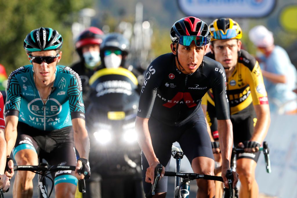 GRAND COLOMBIER FRANCE SEPTEMBER 13 Arrival Egan Arley Bernal Gomez of Colombia and Team INEOS Grenadiers during the 107th Tour de France 2020 Stage 15 a 1745km stage from Lyon to Grand Colombier 1501m TDF2020 LeTour on September 13 2020 in Grand Colombier France Photo by Thibault Camus PoolGetty Images