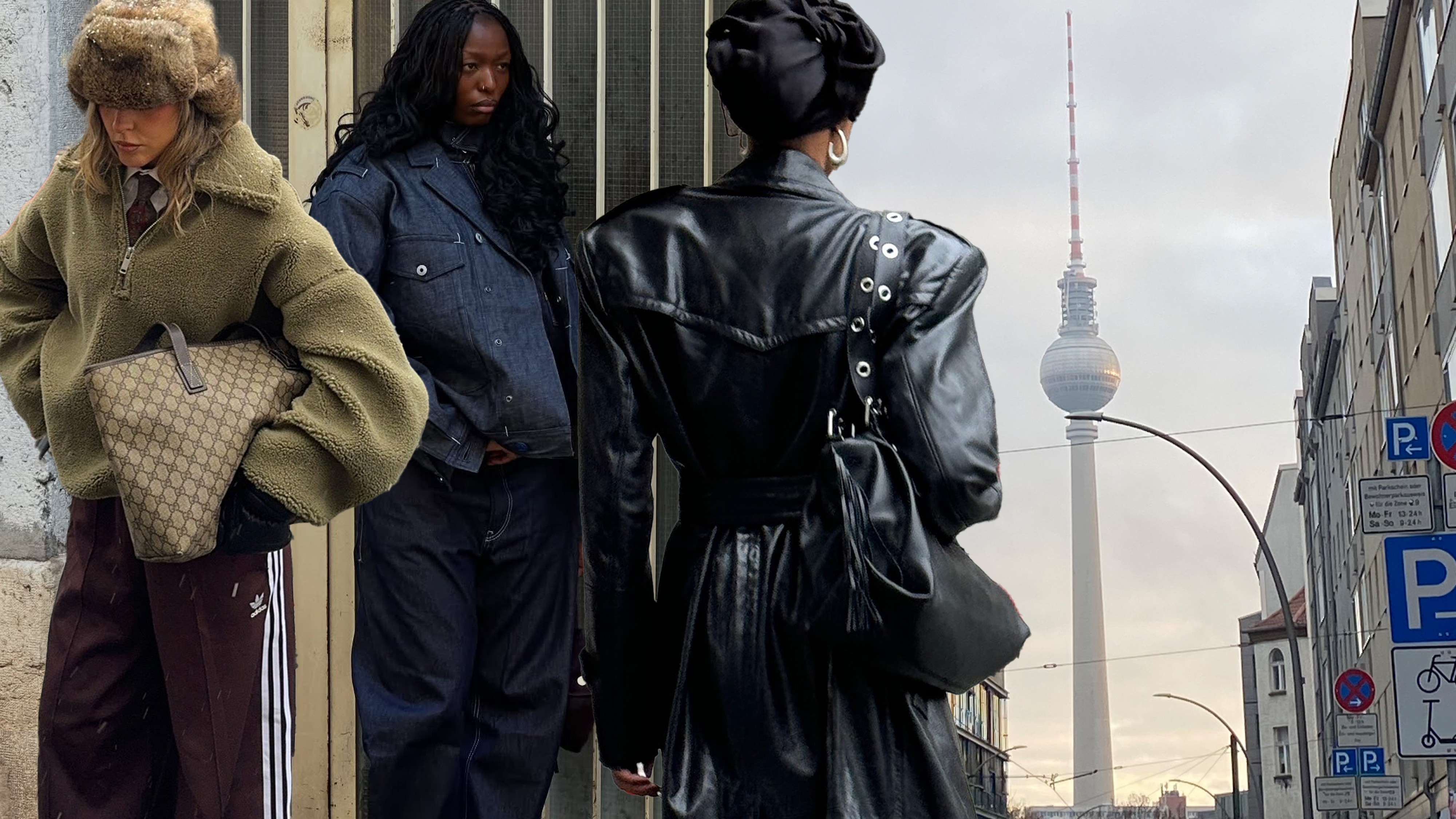 Berlin fashion trends are shown in a collage of street-style photos of three women and a picture of the Berlin skyline. On the left, a woman is wearing a fur hat with a green shearling jacket layered over a white button-down and red menswear tie, styled with brown track pants and a Gucci tote bag. In the middle, a woman is wearing an oversized denim jacket over a denim top, styled with super-baggy dark-wash jeans. On the right, a woman is turned away, wearing a black leather trench coat with a black studded handbag. Next to her is a picture of Berlin's TV tower building. 