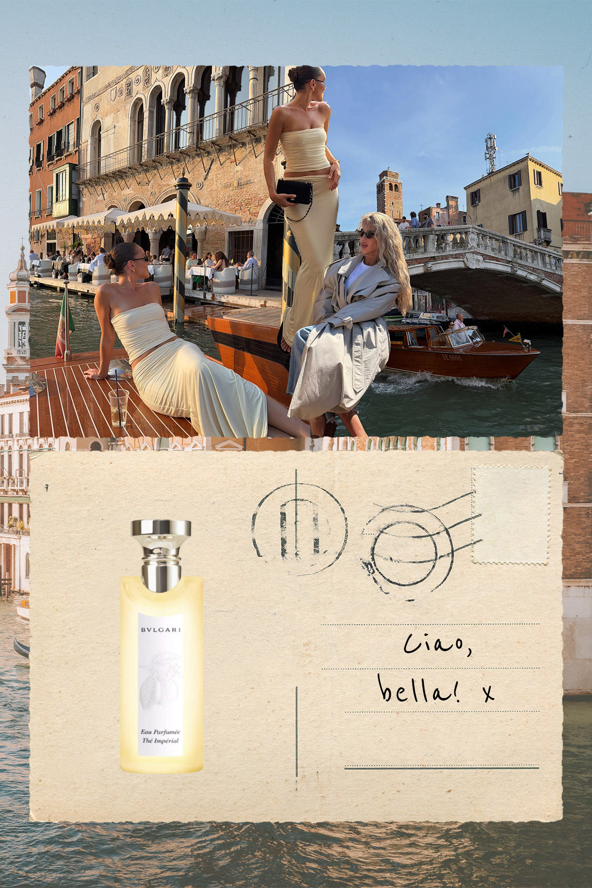 A collage of creators @emmaleger and @emilisindlev in Venice and a Bvlgari perfume