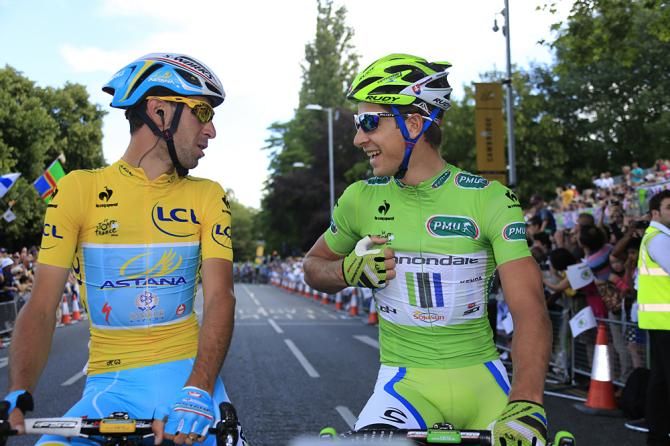 Vincenzo Nibali with green jersey holder Peter Sagan