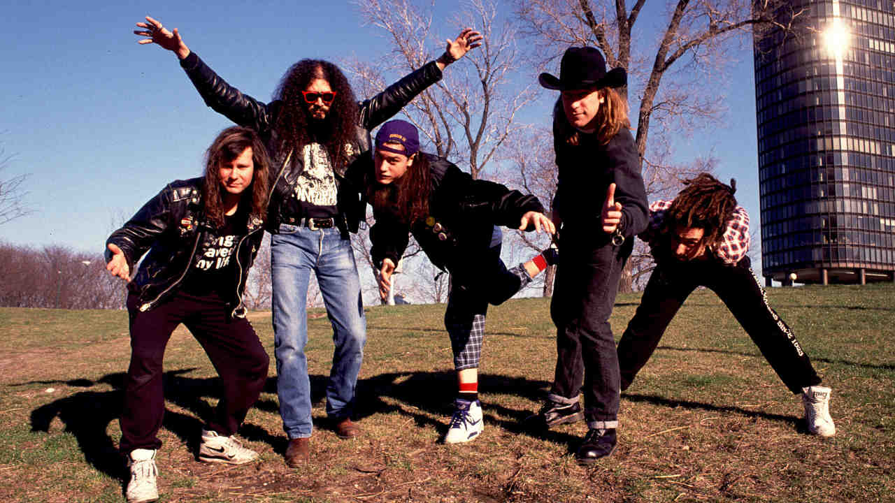Faith No More posing for a photograph in the early 1990s