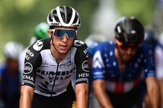 BODMIN ENGLAND SEPTEMBER 05 George Bennett of New Zealand and Team Jumbo Visma crosses the finishing line during the 17th Tour of Britain 2021 Stage 1 a 1808km stage from Penzance to Bodmin TourofBritain TourofBritain on September 05 2021 in Bodmin England Photo by Harry TrumpGetty Images