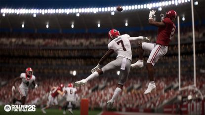 College Football 26: two players jumping in mid-air trying to catch a ball. 