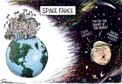 Political cartoon U.S. Trump Space Force farce fake news enemy media first amendment