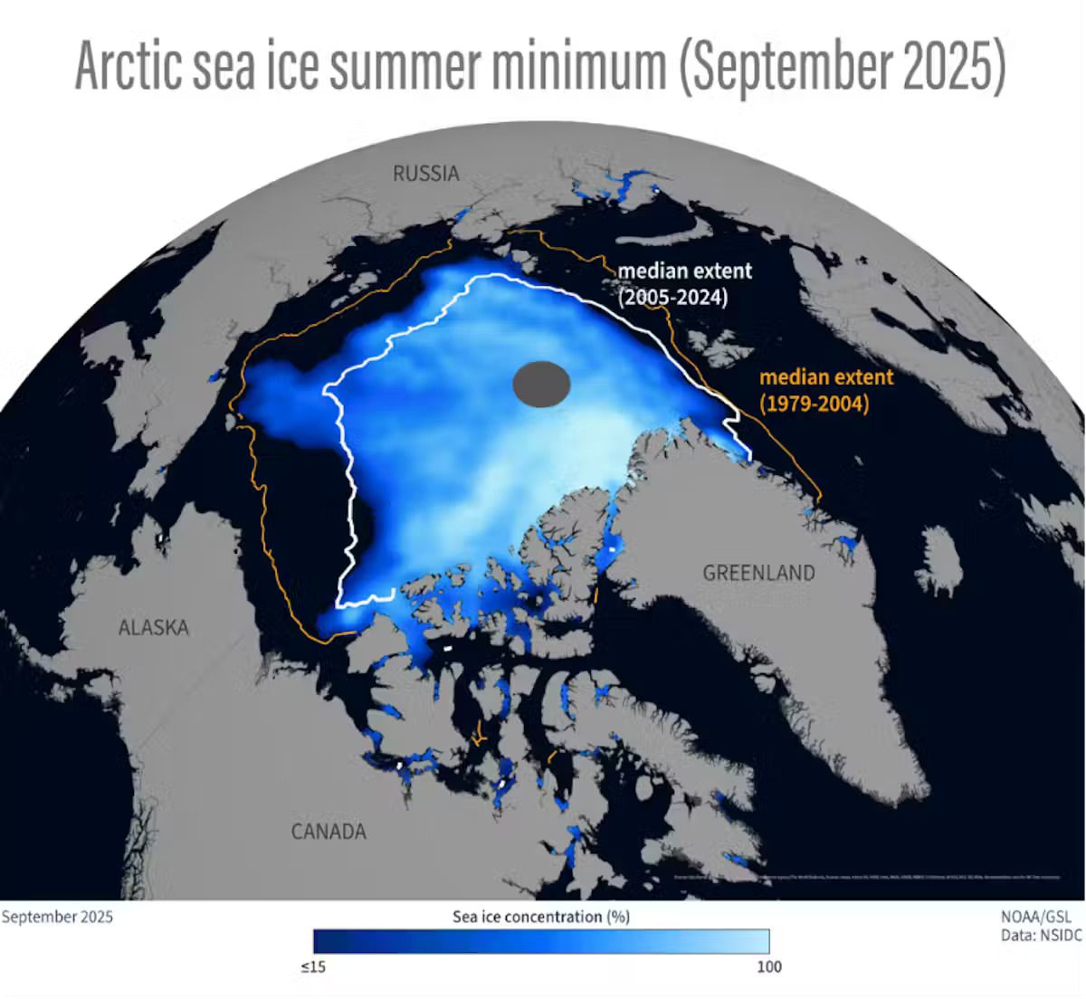Un primer plano del polo norte con un área azul que muestra dónde se ha estado derritiendo el hielo alrededor de Groenlandia y Canadá.